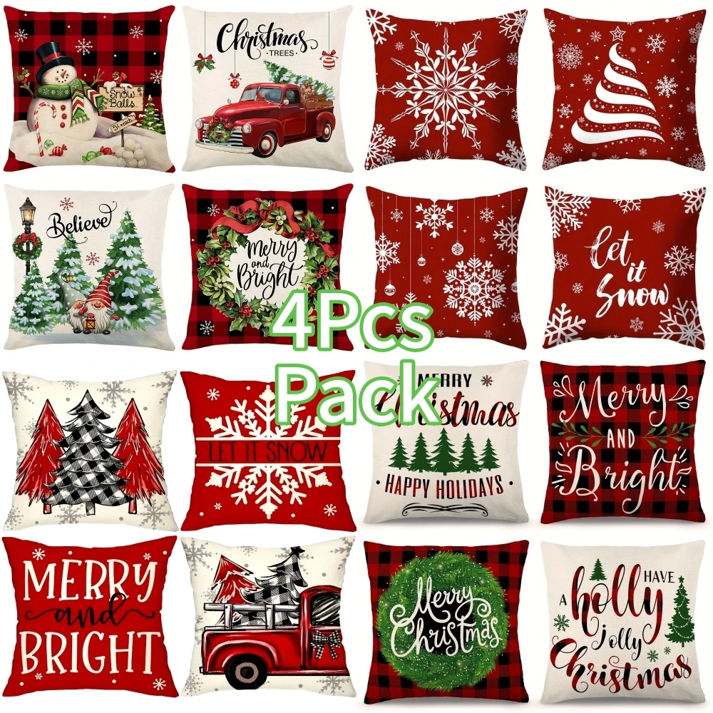 4Pcs Red Theme Christmas Pillow Covers