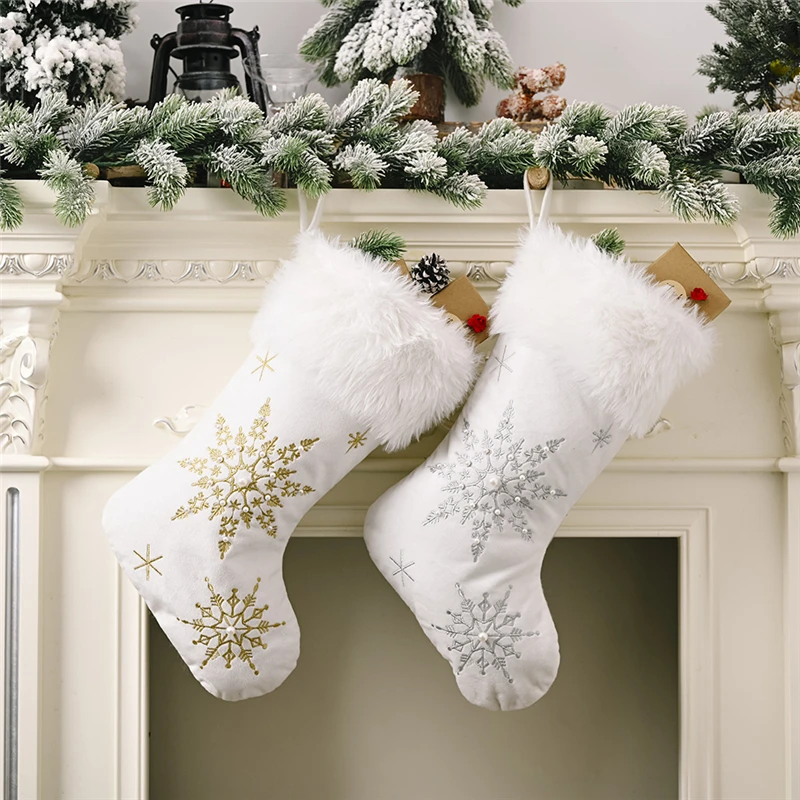 White Plush Stamping Gold Silver Embroidery Snowflake Christmas Stocking