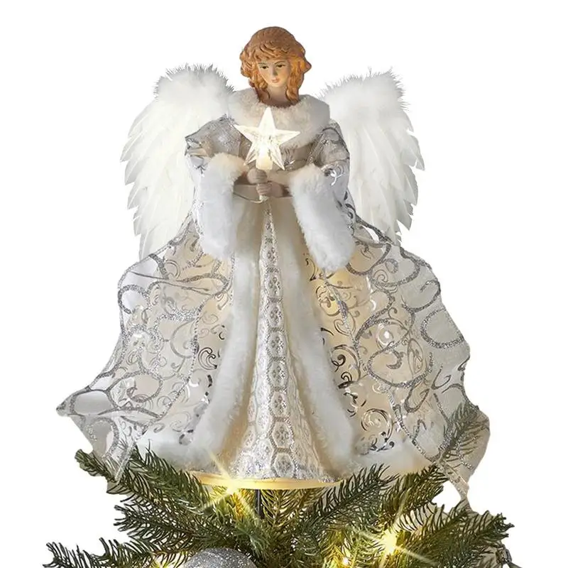 1Pc White Angel Statue With Star LED Light Christmas Tree Topper