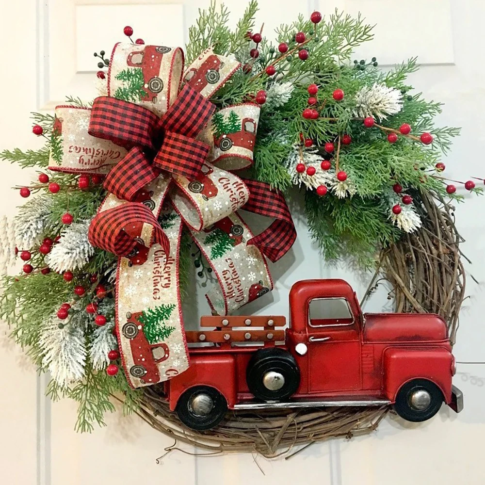 Vintage Farm  Red Truck Christmas Wreath With Pine Cones 35cm