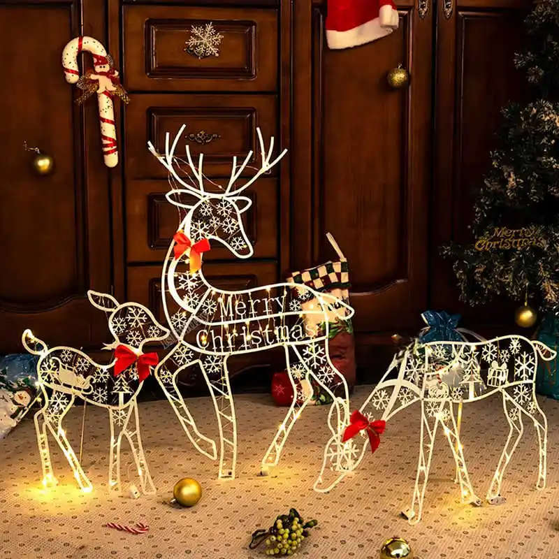 3PCS Iron Artelk Glowing Glitter Reindeer Merry Christmas Garden Decor & LED Light