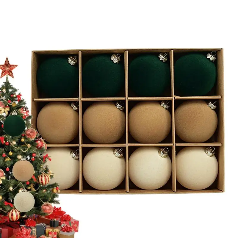 12Pcs Flocked Velvet Christmas Balls for Christmas Tree Decoration with Tree Pendants