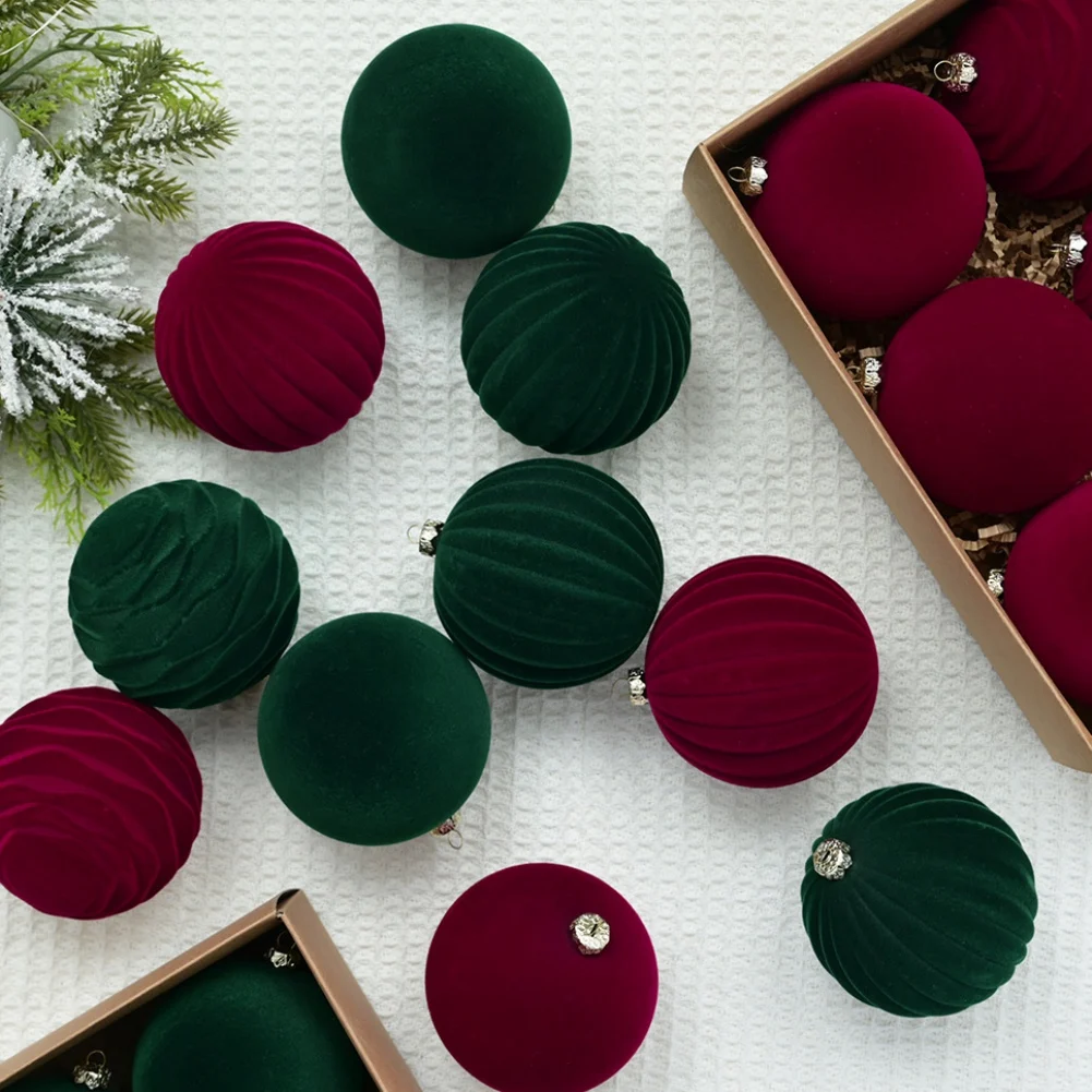 12Pcs 8cm Velvet Christmas Tree Ball Decorations Burgundy & Green