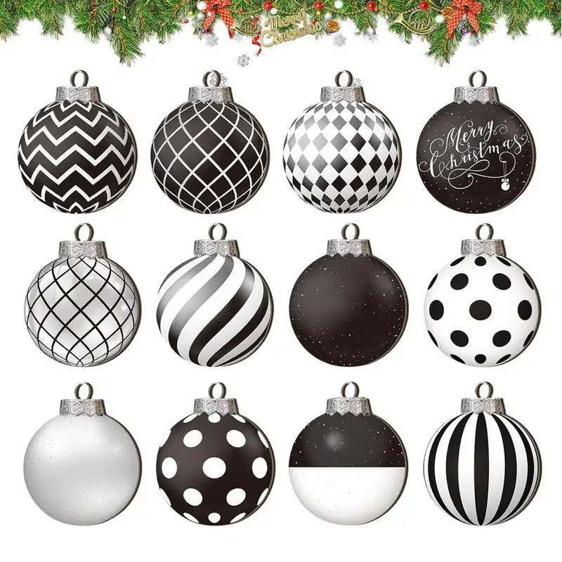 12pcs 8cm Black and White Christmas Balls Ornaments