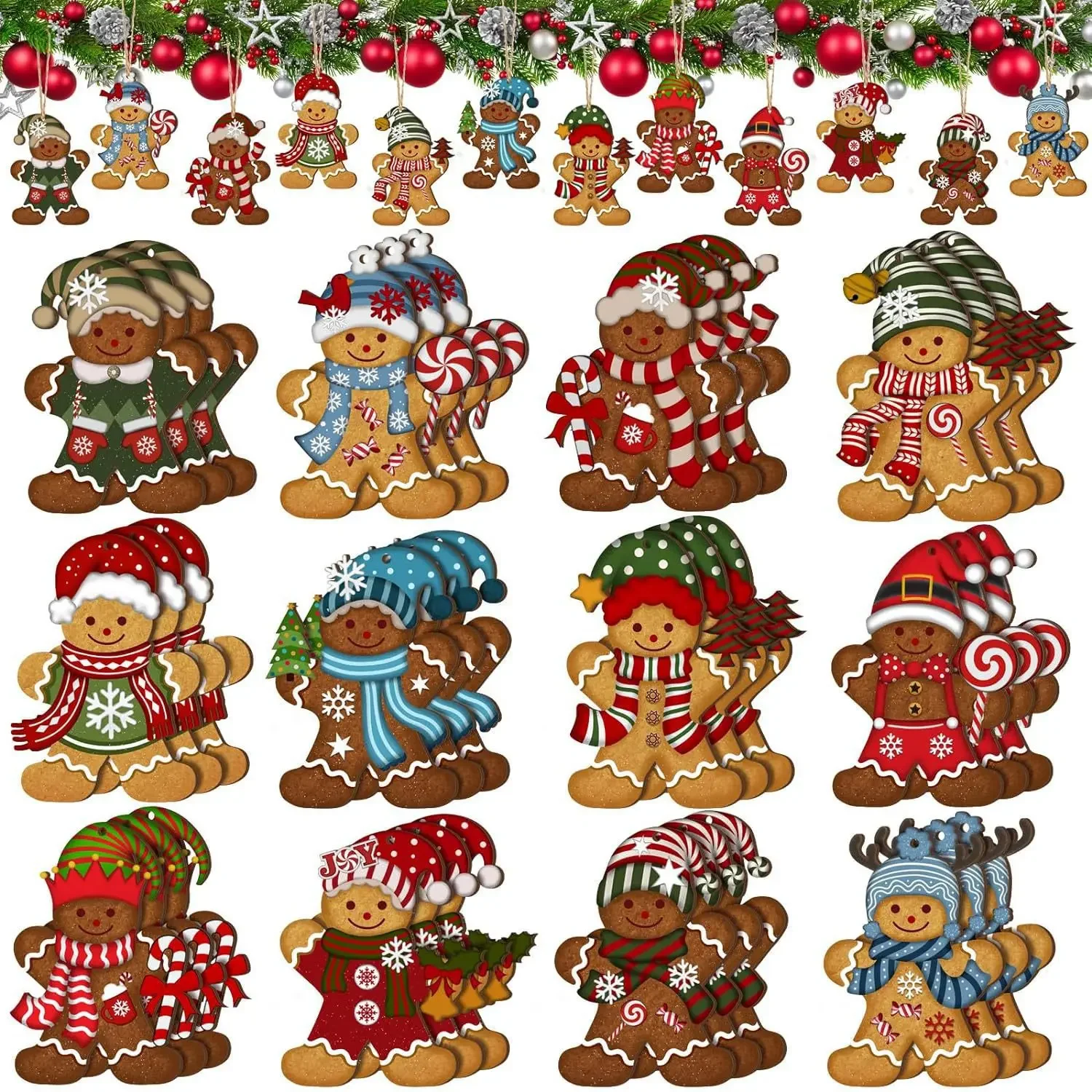 12pcs/set Gingerbread Man Ornaments Christmas Tree Wooden Hanging Decorations