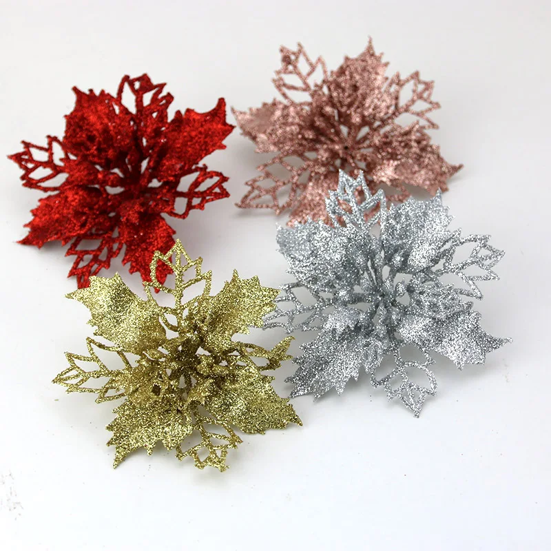 10pcs Artificial Christmas Tree Flower Glitter Decorations