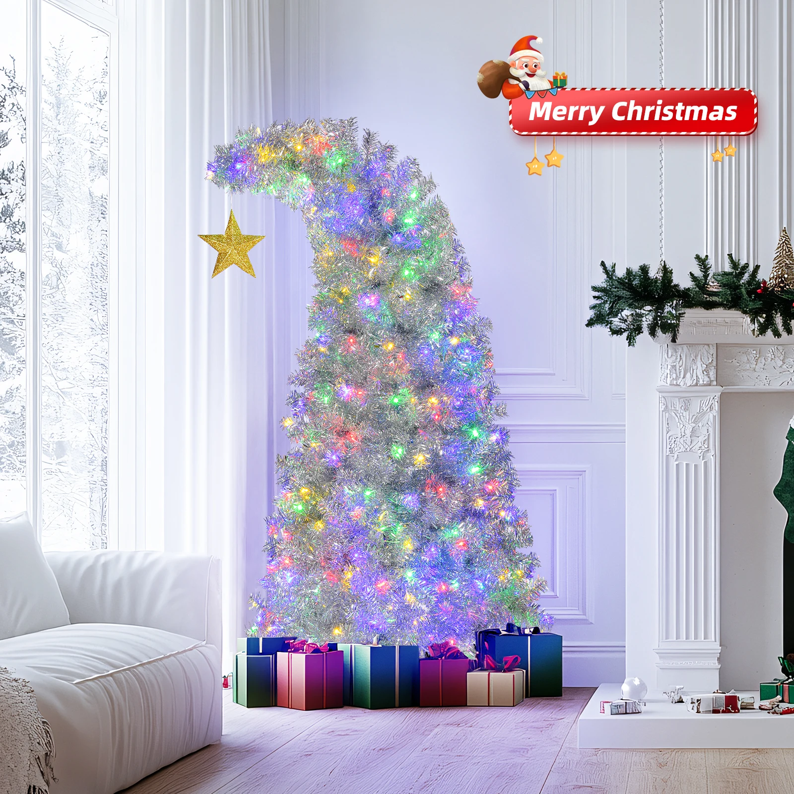 6 FT Bent Top Pre-lit Christmas Tree with Golden Star, Hinged Artificial Xmas Tree with 300 Lights