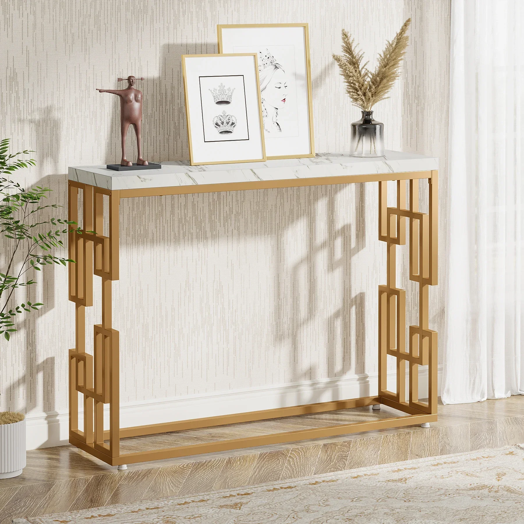 Gold Console Table, Modern 42.5" Sofa Tables Entryway Hallway Foyer Table, White Faux Marble Tabletop Sofa Table